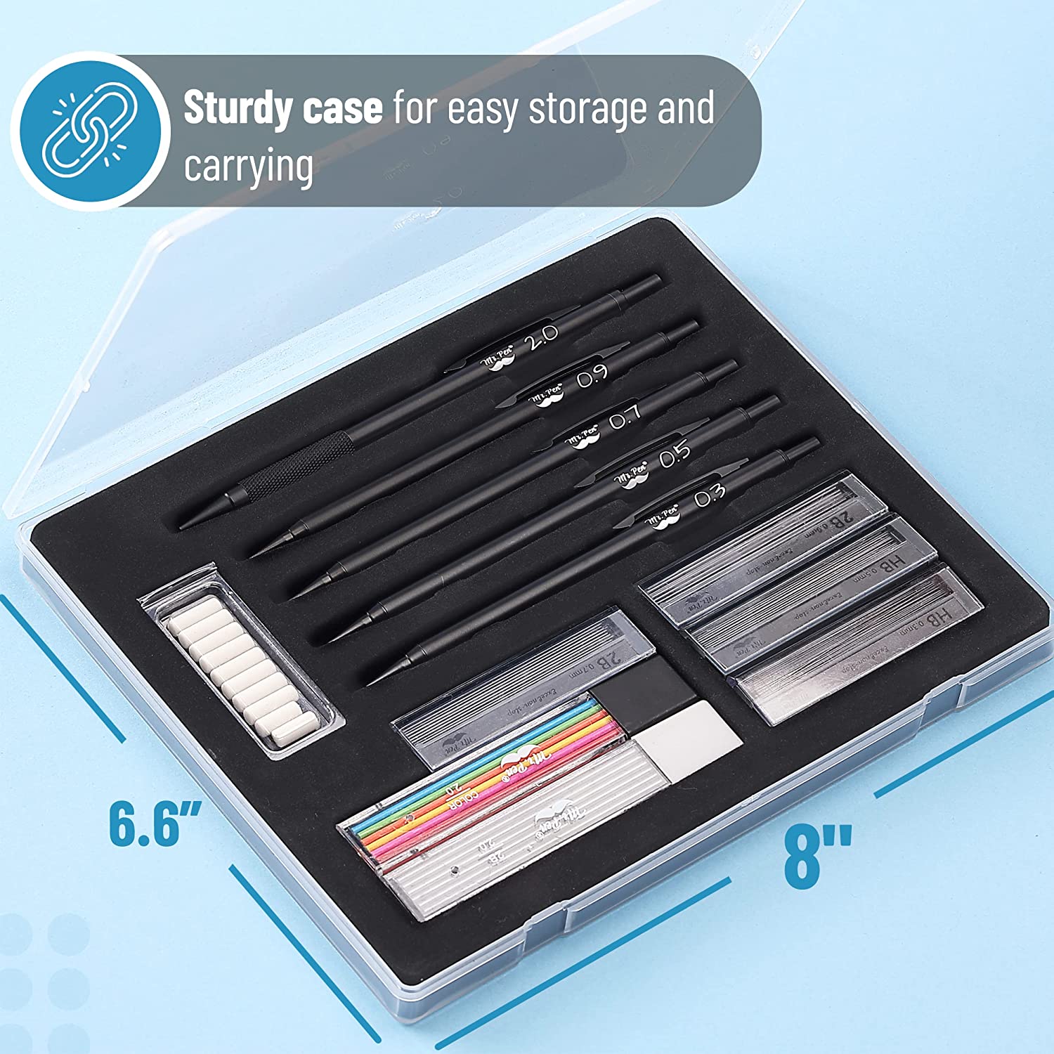 Metal Mechanical Pencil Set with Lead & Eraser Refills, 5 Sizes: 0.3, 0.5, 0.7, 0.9, 2.0 mm - Image 3