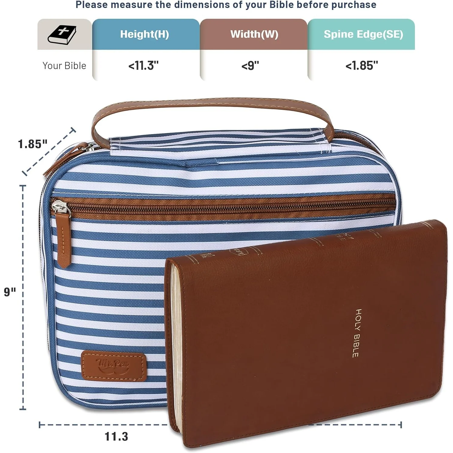 Bible Case with Stripe Pattern, Large Canvas Cover with Handle & Pockets, 11.3" x 9" - Image 3