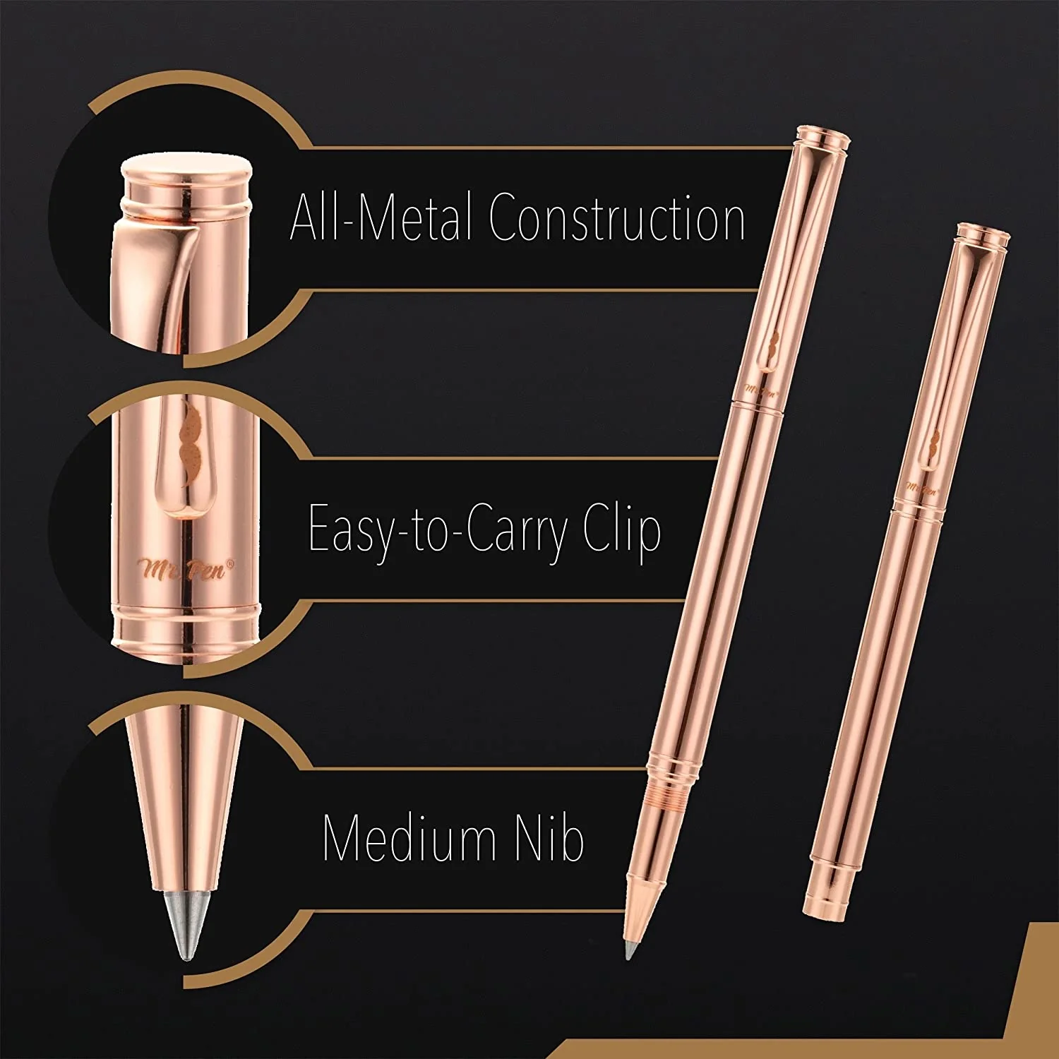 Luxury Pen, Rose Gold Metal Barrel, Black Ink, Fine Point, Executive Gift Pen with Extra Refill - Image 4