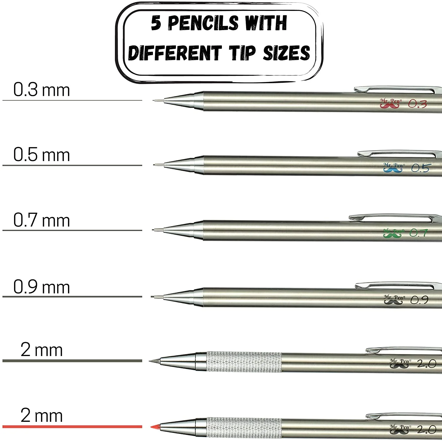 Metal Mechanical Pencil Set with Lead and Eraser Refills, 5 Sizes, 0.3, 0.5, 0.7, 0.9, 2mm, Drafting, Sketching, Architecture, Drawing Metal Mechanical Pencils - Image 11