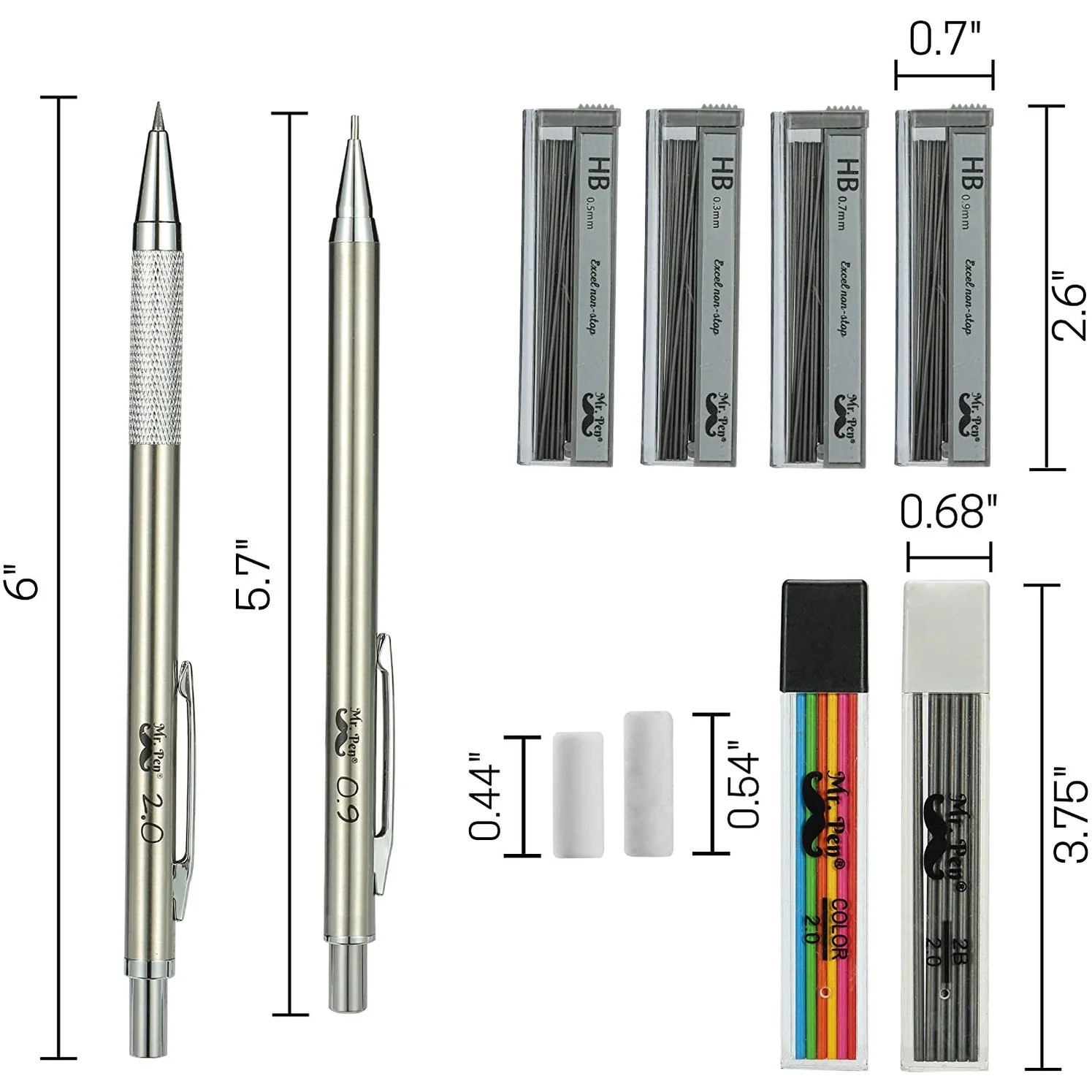 Metal Mechanical Pencil Set with Lead and Eraser Refills, 5 Sizes, 0.3, 0.5, 0.7, 0.9, 2mm, Drafting, Sketching, Architecture, Drawing Metal Mechanical Pencils - Image 12