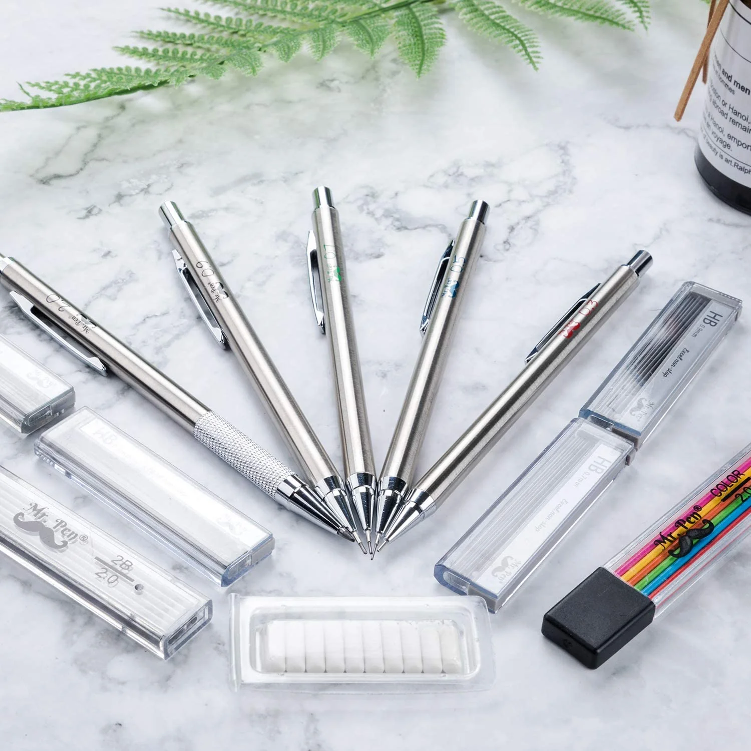 Metal Mechanical Pencil Set with Lead and Eraser Refills, 5 Sizes, 0.3, 0.5, 0.7, 0.9, 2mm, Drafting, Sketching, Architecture, Drawing Metal Mechanical Pencils - Image 17